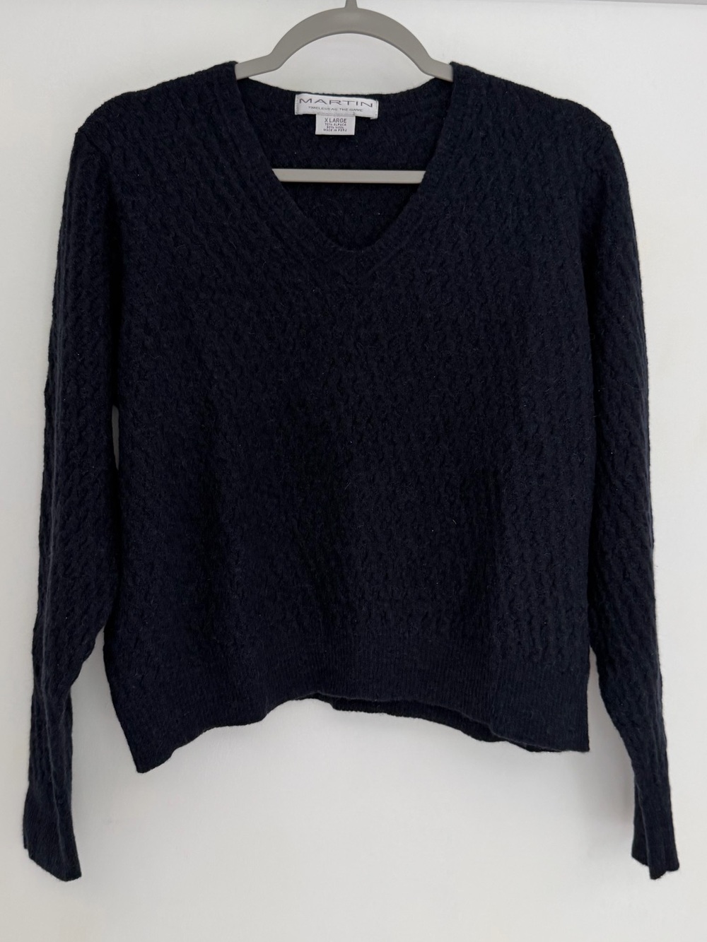 Martin 70% Alpaca 30% Wool Navy Blue Cable Knit Classic V-Neck Sweater
